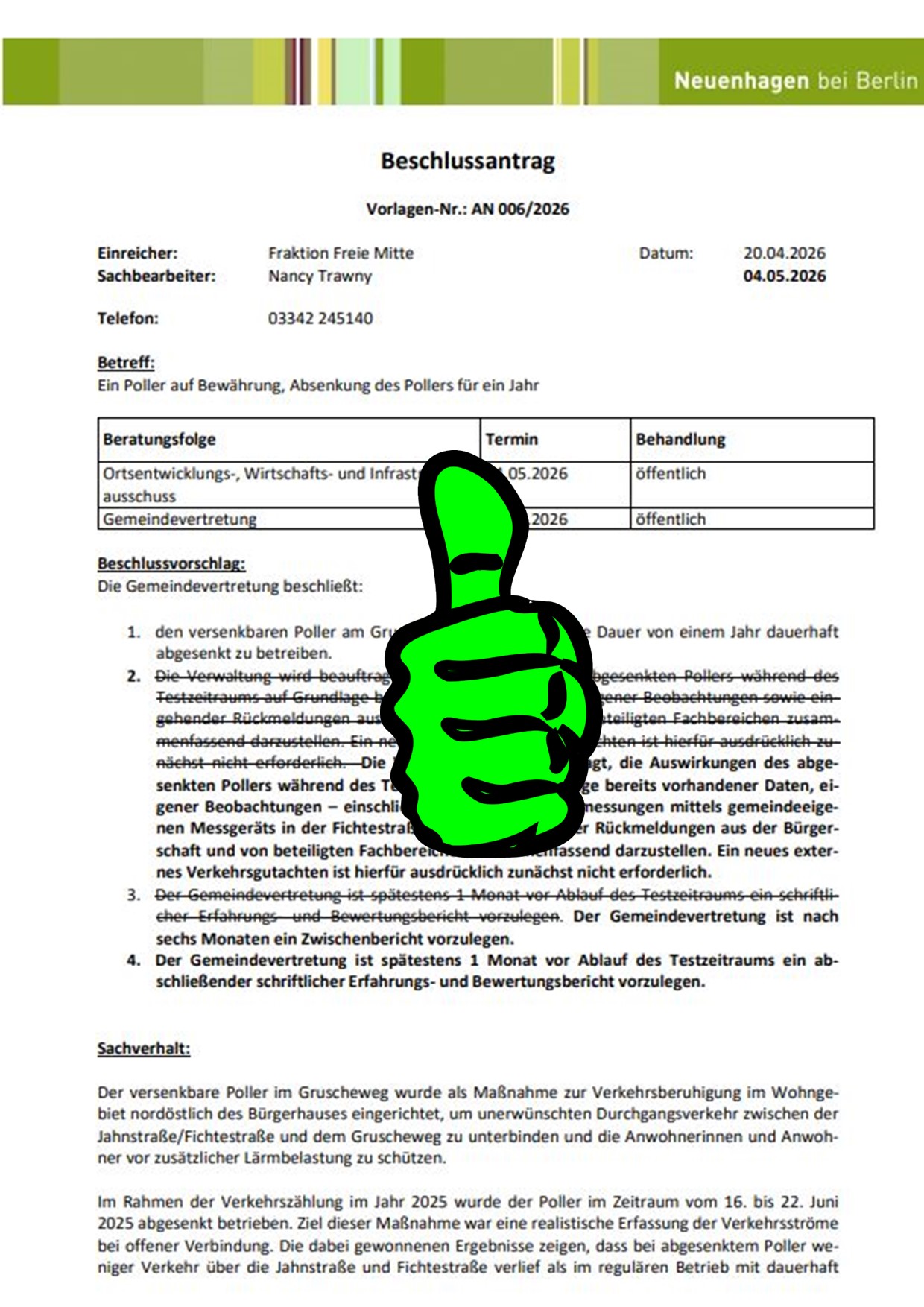 Beschlussantrag Poller Absenkung am Gruscheweg